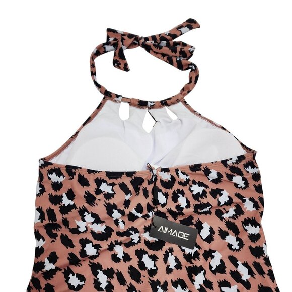 Leopard Print Halter Neck One-Piece Swimsuit Ruched Design Women  Aimage Size XL - Picture 6 of 6